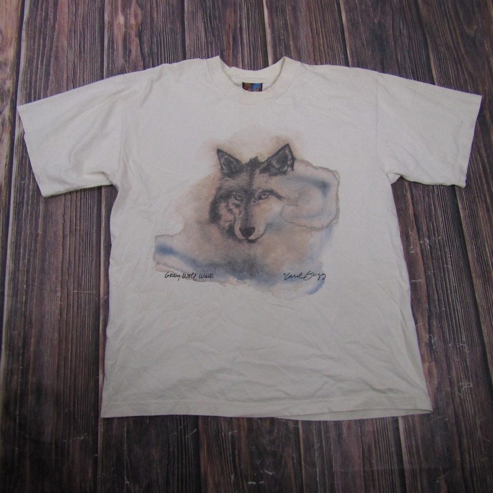 Vintage Excel Wolf Wildlife Shirt Mens L White Graphic Made In USA Tee